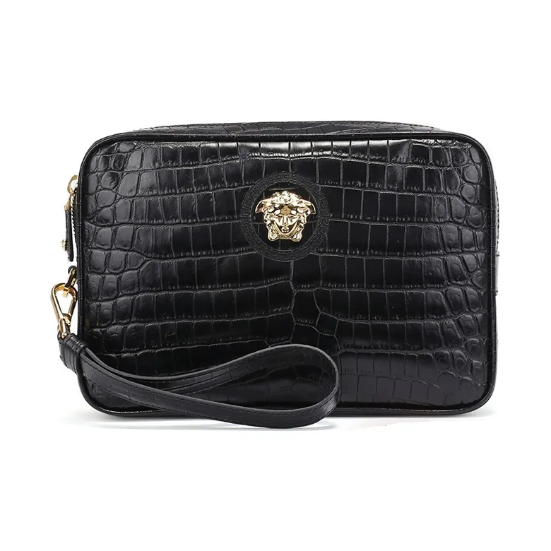 VERSACE Leather Camera Bag Clutch Men's Black