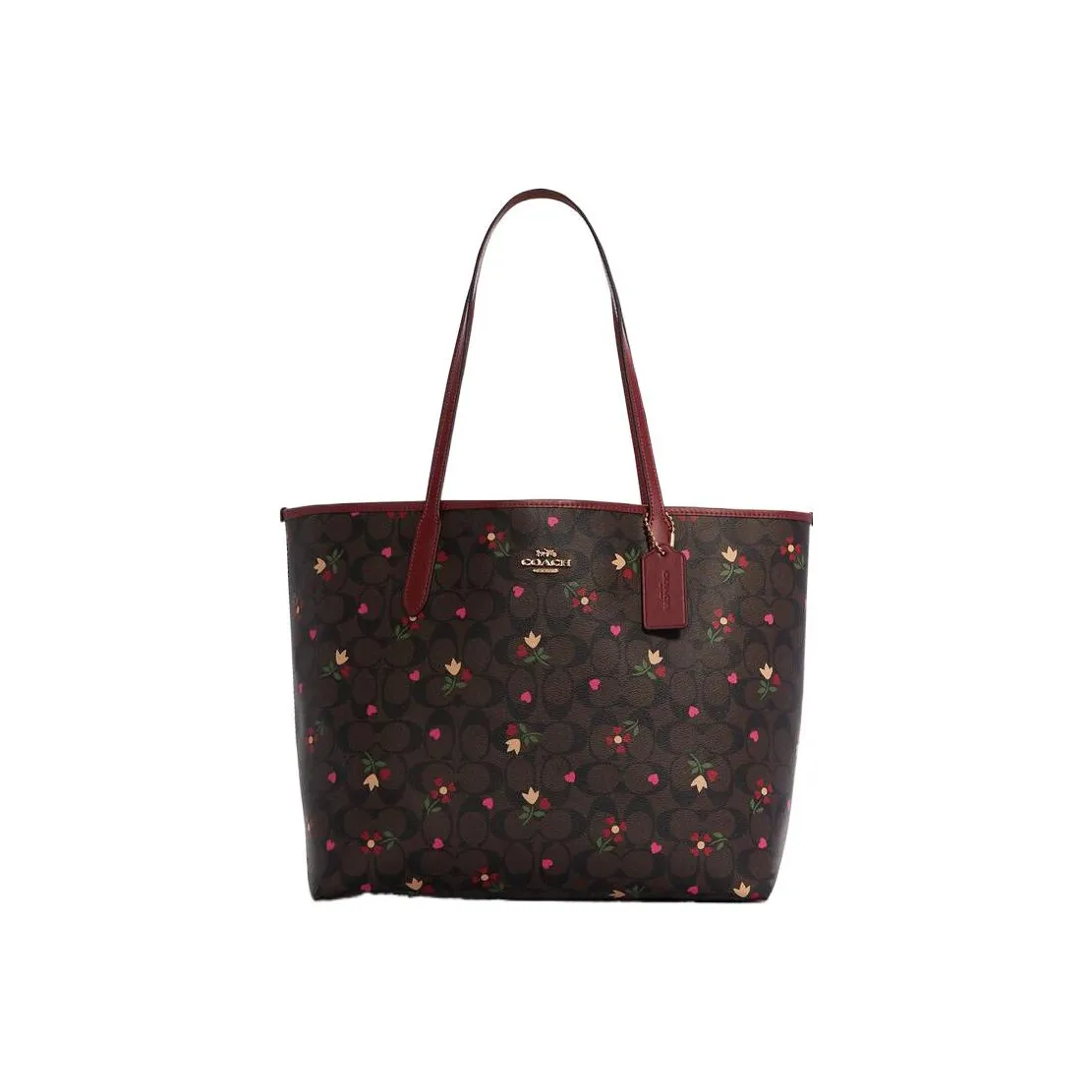 COACH City Canvas With Leather Tote Bag Shopping Bag Shoulder Bags Women's Brown & Burgundy