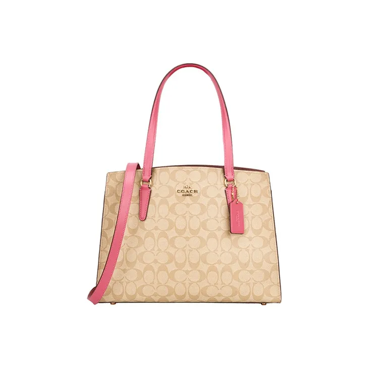 COACH Tatum PVC через плечо одна плечевая сумка большая женская светлый хаки монограмма и цветок вишни розовый