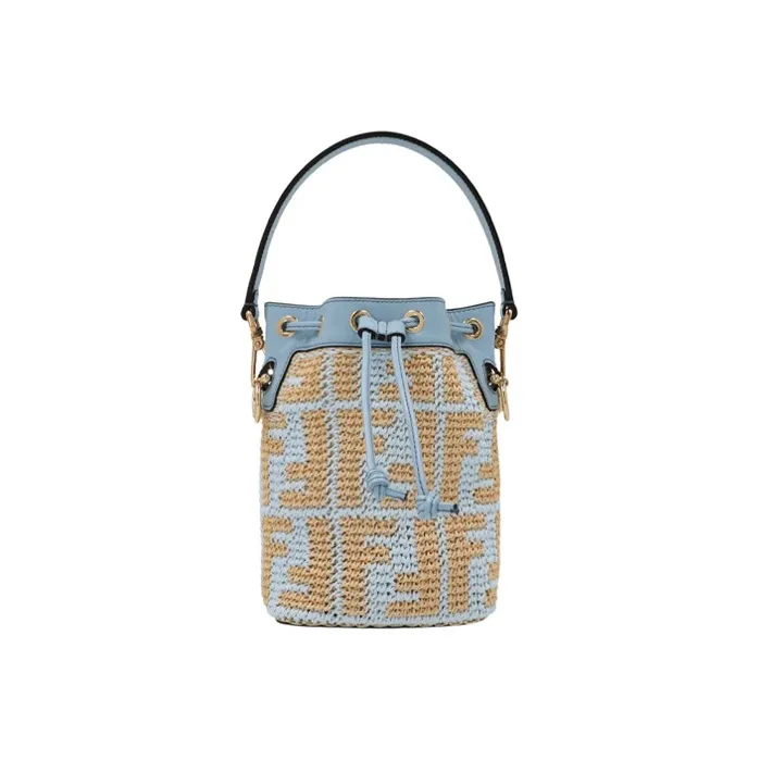 FENDI Mon Tresor Linen Woven Patchwork Leather Bucket Bag Handbag Mini Women's Blue/Brown