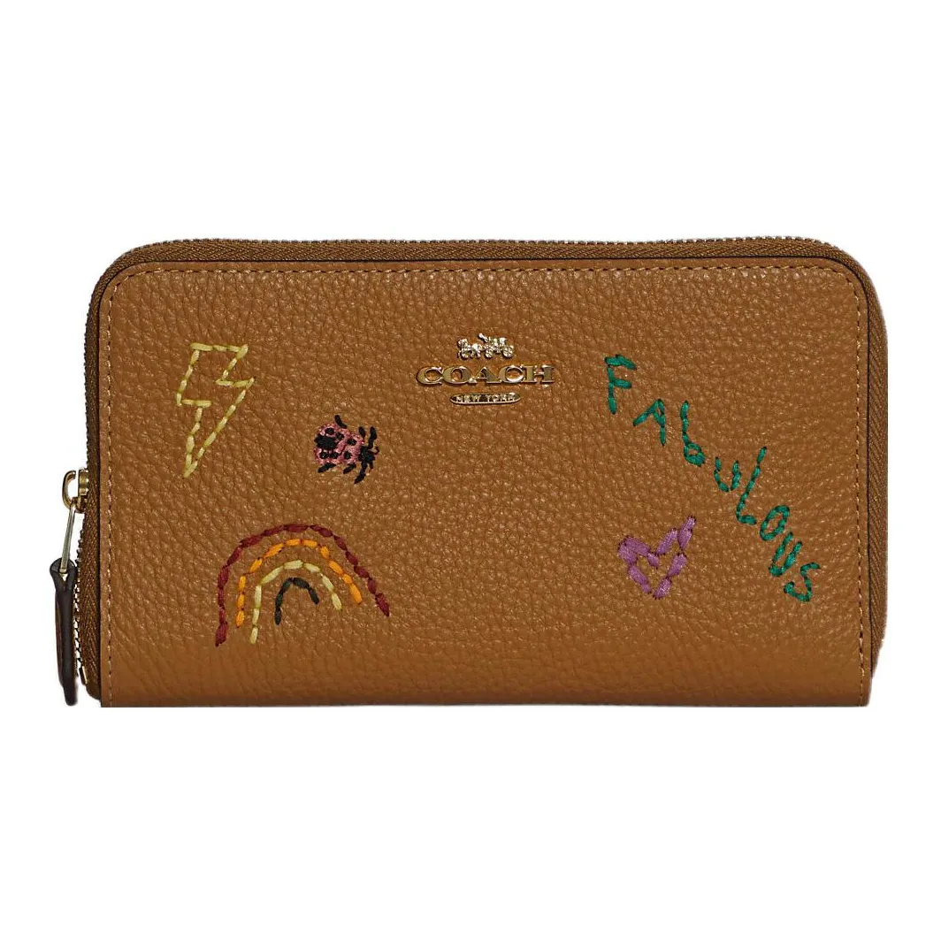 COACH Diary Embroidery Collaboration Id Zip Wallet Leather Clutch Coin Purse Wallet Women's Brown