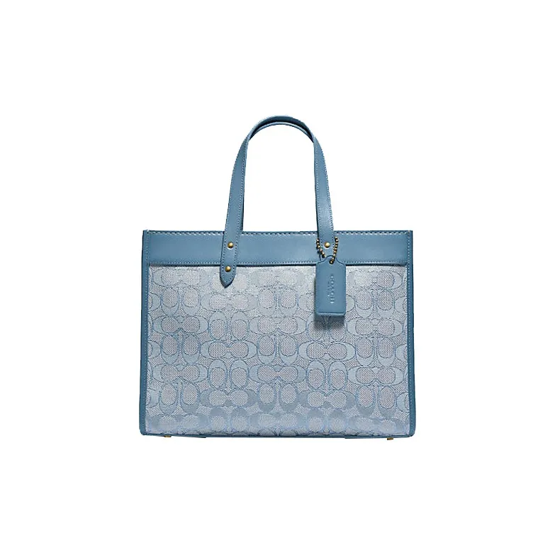 COACH Field Jacquard With Suede Tote Bag Shopping Bag Handbag Shoulder Bag Crossbody Bag Large Size Women's Light Blue