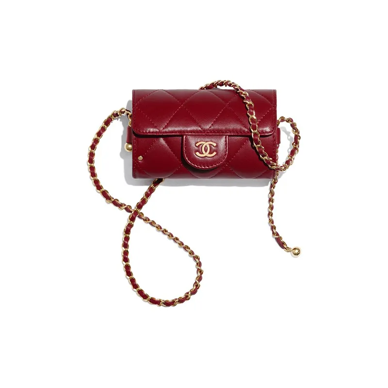 CHANEL Sheepskin Coin Purse, Clutch Crossbody Bag Women's Burgundy
