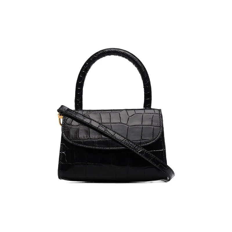 By Far Croco Genuine Leather Small Square Bag, Handbag, Shoulder Bag, Crossbody Bag Mini Women's Black