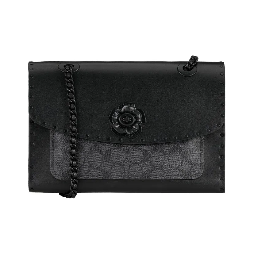 COACH Parker Canvas With Leather Chain Bag Shoulder Bag Crossbody Bag Medium Size Women's Black/Charcoal Gray
