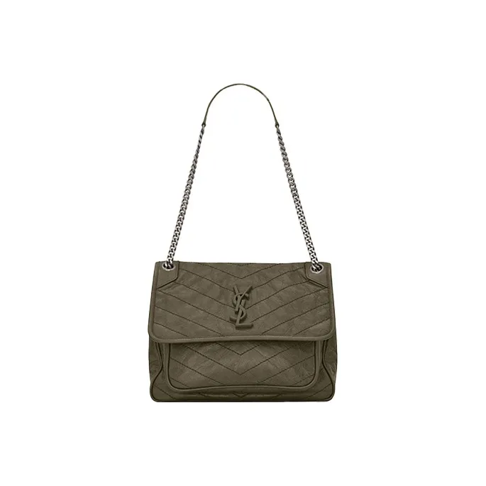 SAINT LAURENT Cow Leather Hobo Bag, Chain Shoulder Bag, Crossbody Bag Women's Gray Khaki Color