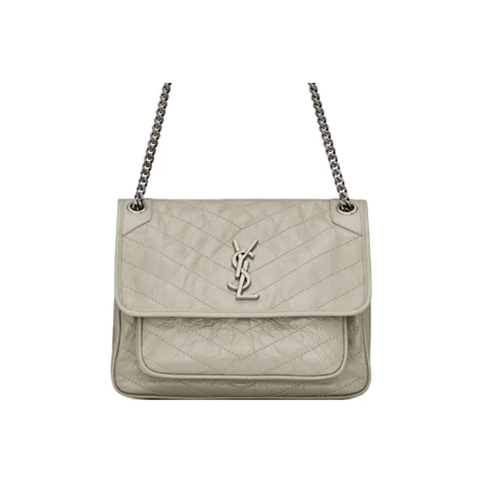 SAINT LAURENT Niki Leather Hobo Bag Chain Crossbody Bag Shoulder Bag Women's White