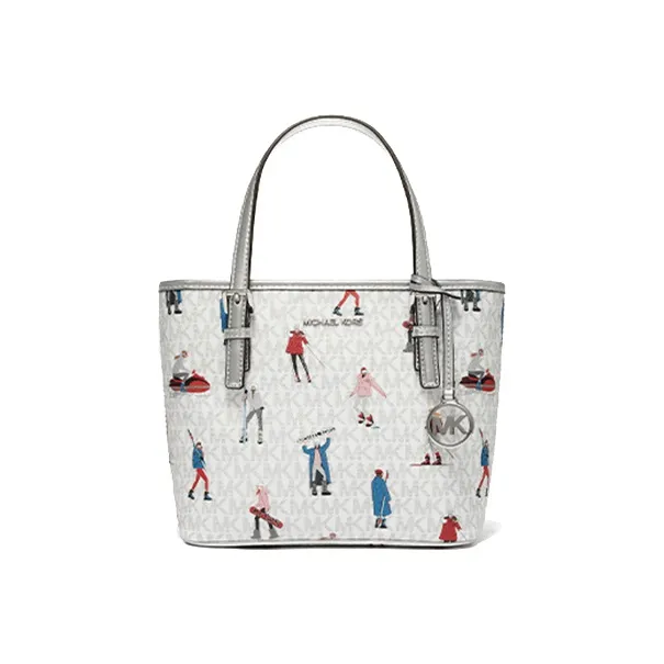 MICHAEL KORS Jet Set Leather Basket Bag, Shoulder Bag, Crossbody Bag, Handbag Trumpets Women's White & Silver