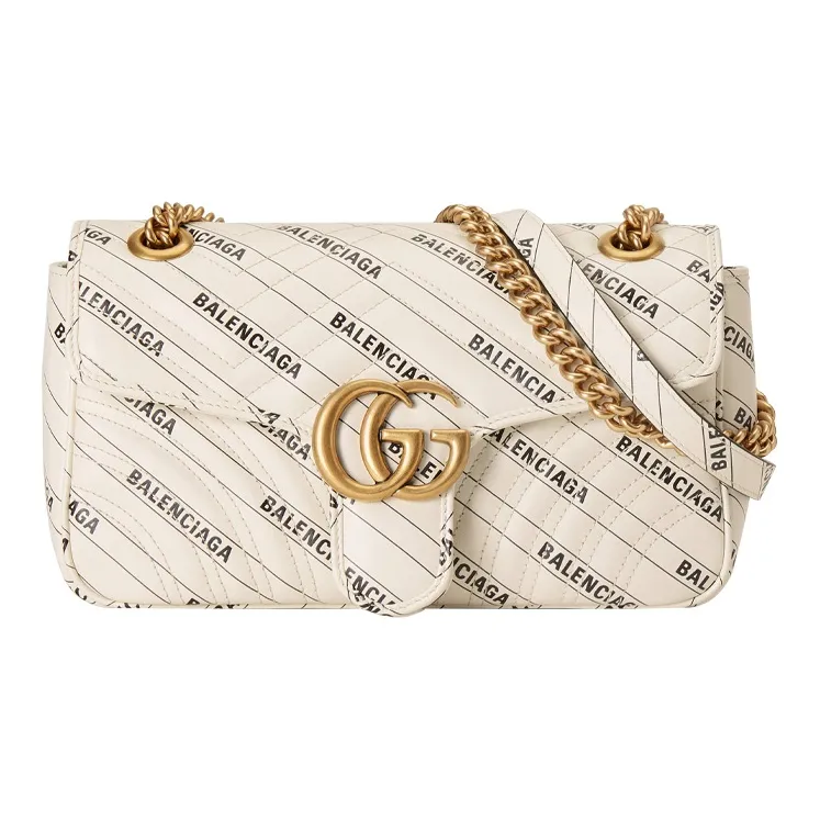 GUCCI Balenciaga Paris Collaboration GG Marmont Leather Shoulder Bag, Crossbody Bag Trumpets Women's White