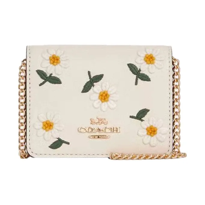 COACH Chain Leather One Shoulder Crossbody Clutch Wallet Mini Women's White