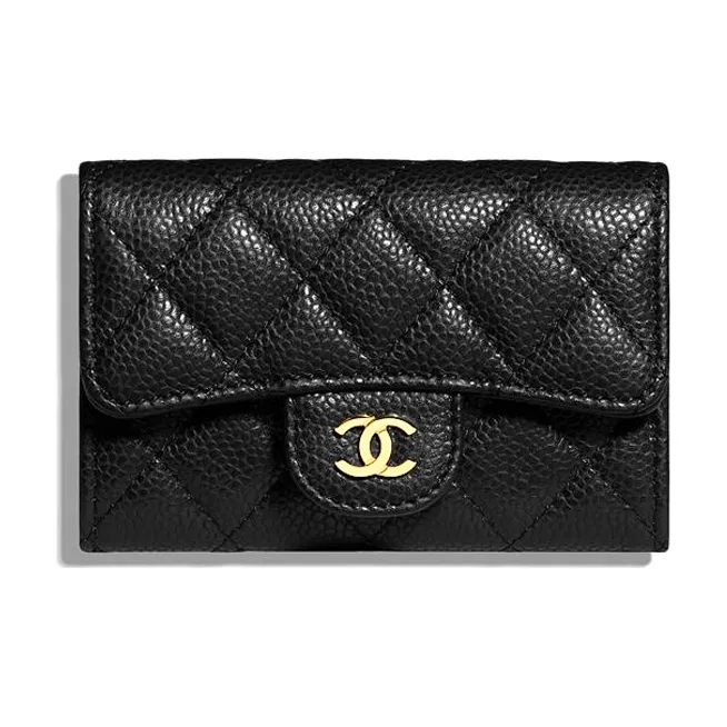 CHANEL Grained Embossed Cow Leather Coin Purse Card Holder Wallet Women's Black