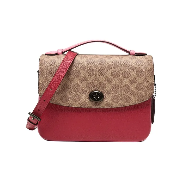COACH Cassie Canvas With Leather Messenger Bag Handbag Shoulder Bag Crossbody Bag Medium Size Women's Brown Yellow/Red