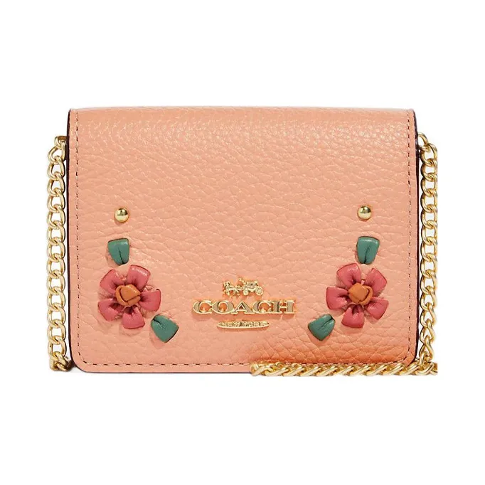 COACH Leather One Shoulder Crossbody Chain Clutch Wallet Mini Women's Pink