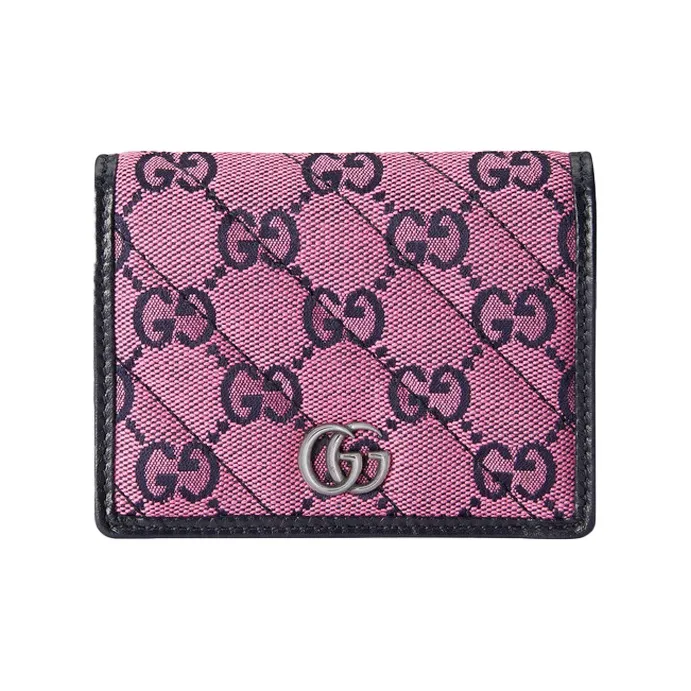 GUCCI Marmont Quilting Canvas With Leather Double Fold Flap Card Holder Canvas Bag Wallet Women's Pink/Dark Blue