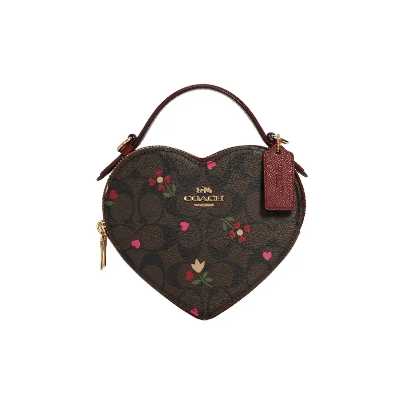 COACH Heart Monogram Canvas With Leather Handbag Crossbody Bag Mini Women's Brown Burgundy Multicolor