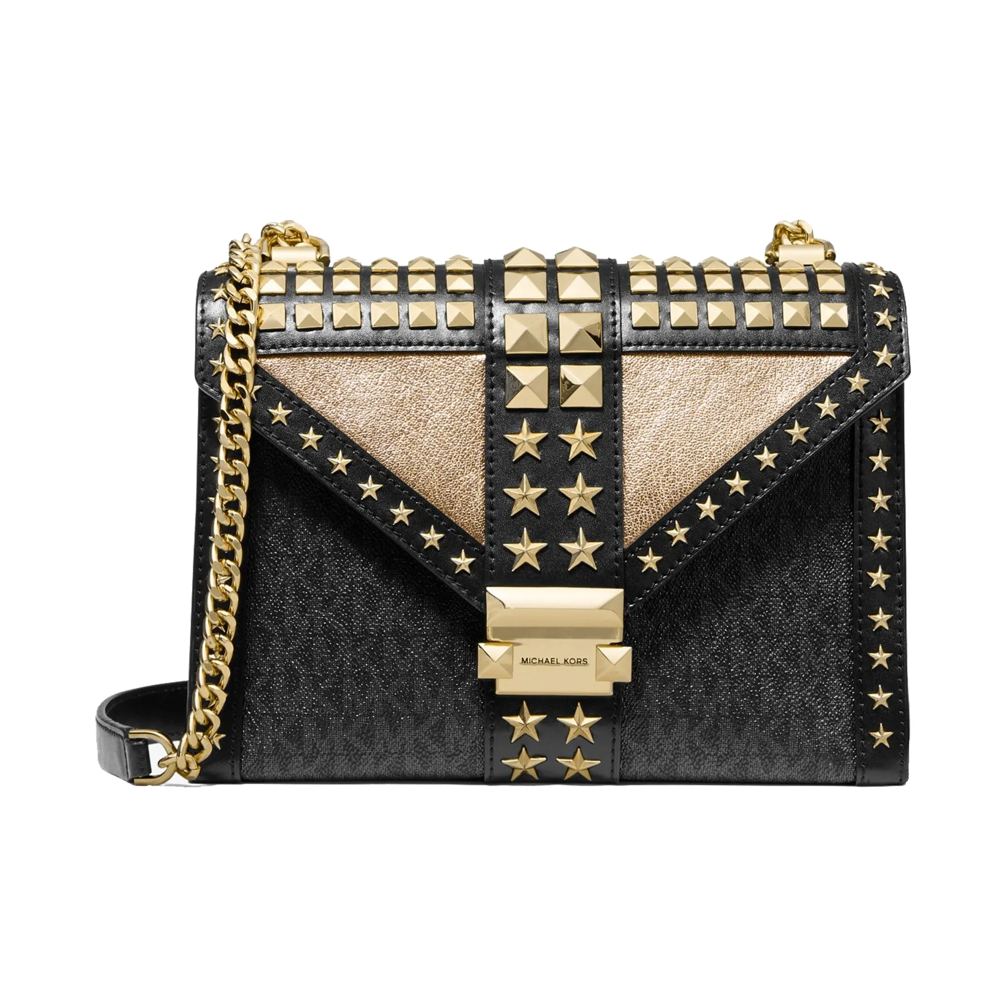 MICHAEL KORS Whitney Canvas With Leather Envelope Bag, Shoulder Bag, Crossbody Bag Tubas Women's Black/Gold