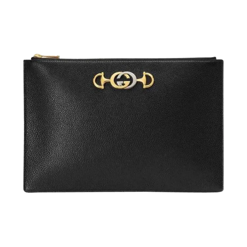 GUCCI Zumi Grain Leather Clutch Tubas Women's Black