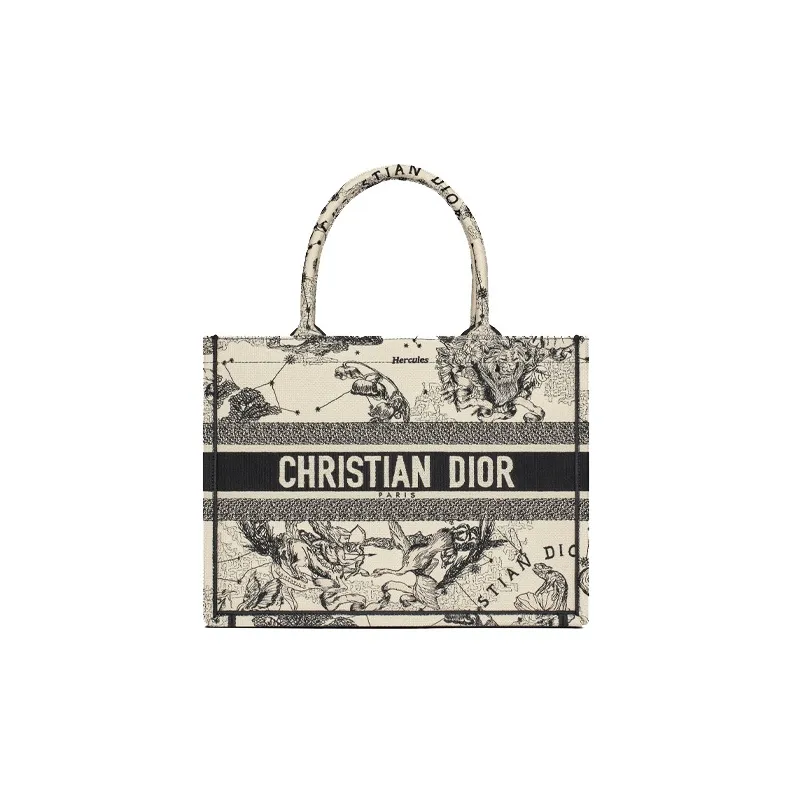 DIOR BookTote Embroidery Tote Bag Shopping Bag Shoulder Bag Handbag Medium Size Women's Milk White/Black