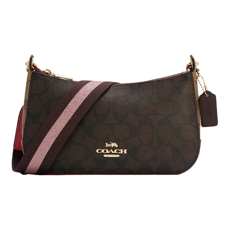 COACH Jes Canvas With Leather Shoulder Bag Crossbody Bag Medium Size Women's Dark Brown & Bright Pink