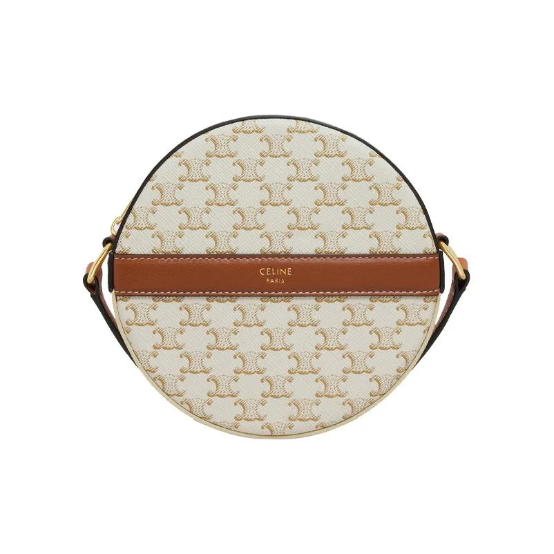 CELINE Canvas With Lambskin Round Cake Bag Shoulder Bag Crossbody Bag Women's White