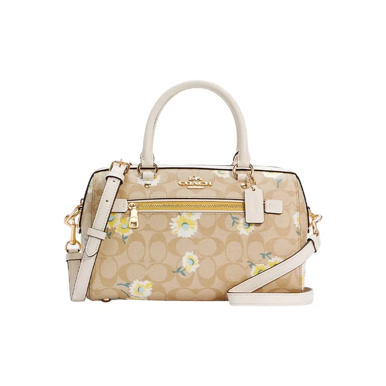 COACH Rowan Leather Boston Bag, Handbag, Shoulder Bag, Crossbody Bag Tubas Women's Khaki Monogram