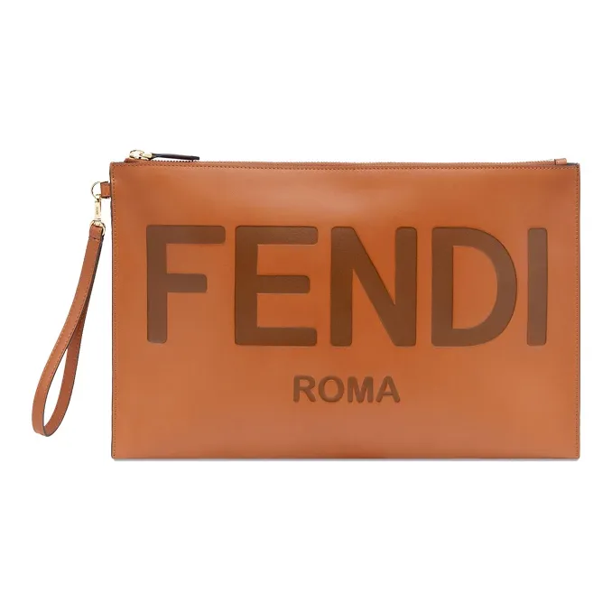 FENDI Calfskin Clutch Tubas Women's Brown