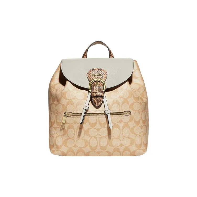COACH Kleo Pebble Snakeskin Print Leather With Canvas Backpack Medium Size Women's Khaki & Monogram
