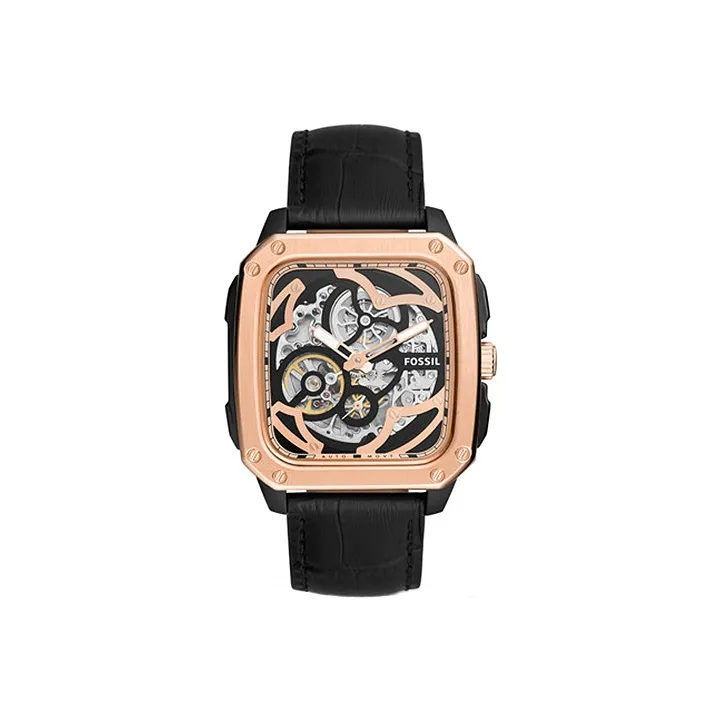 FOSSIL Wrist Watch Automatic Mechanical Movement Leather Strap Cut Out Dial Men's Watches
