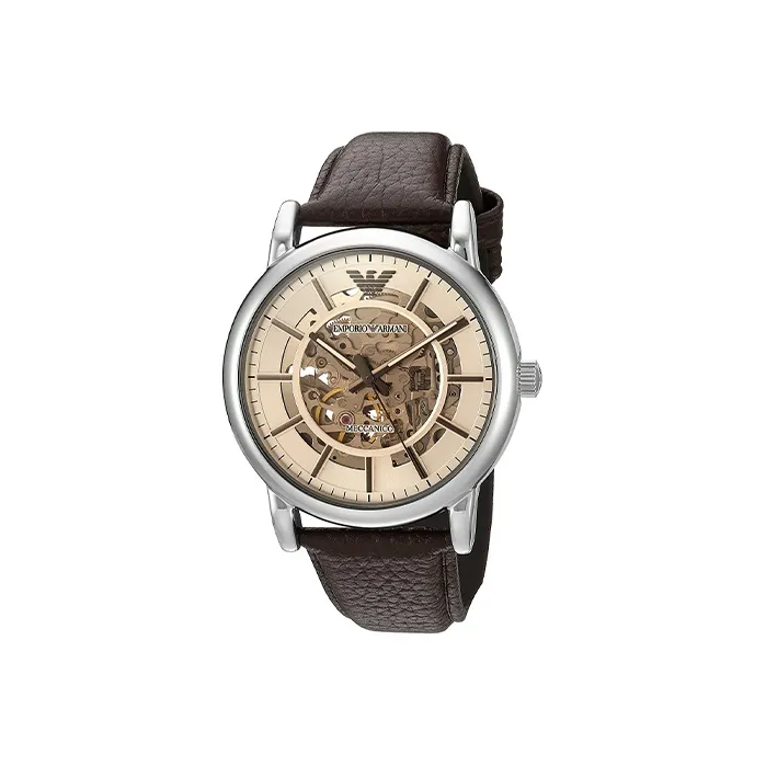 EMPORIO ARMANI Machine Wrist Watch Automatic Mechanical Movement Genuine Leather Strap Yellow Watch Dial Men's Watches