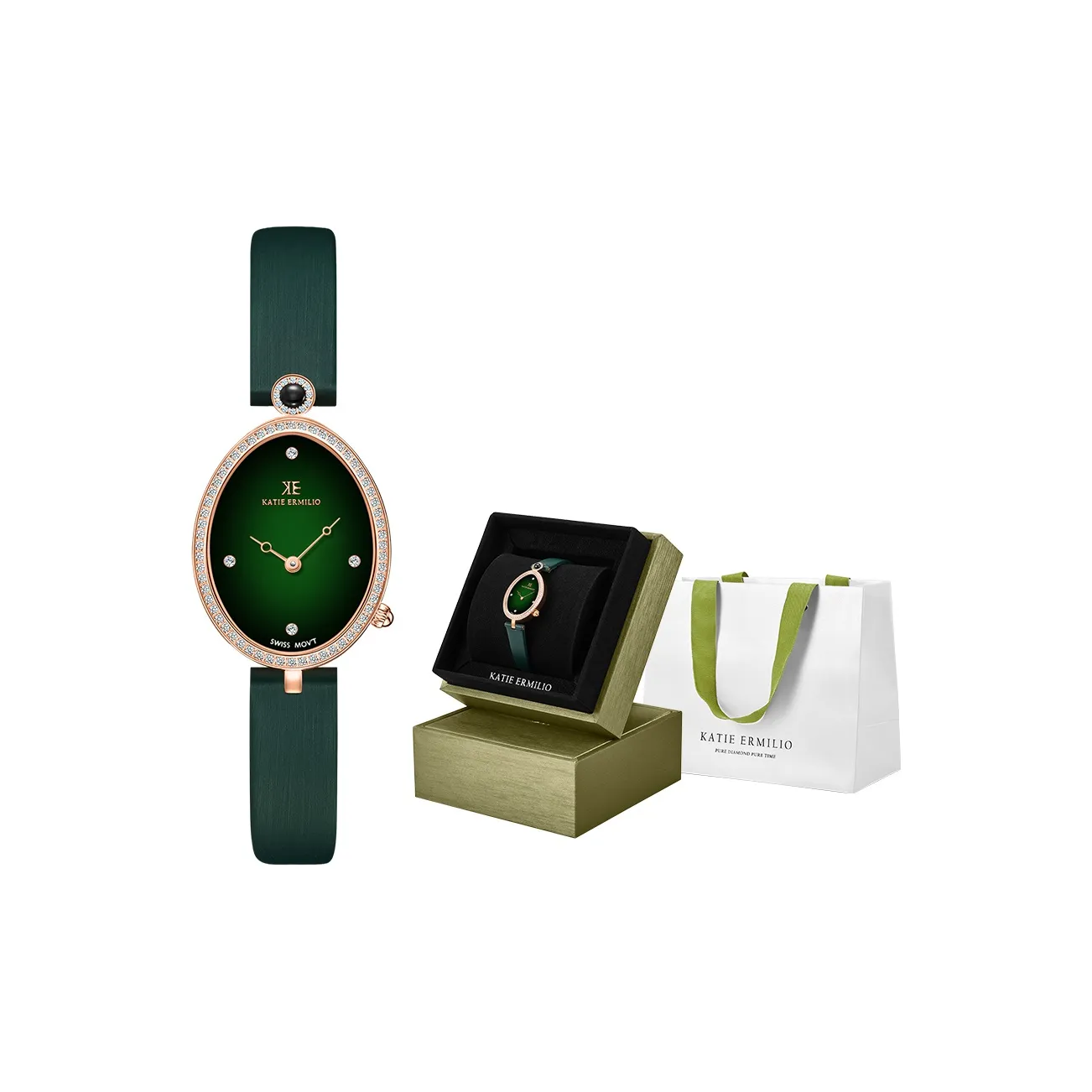 Katie Ermilio Women's Watch Кварцевый механизм ремень из натуральной кожи зеленый циферблат модель KE660809G