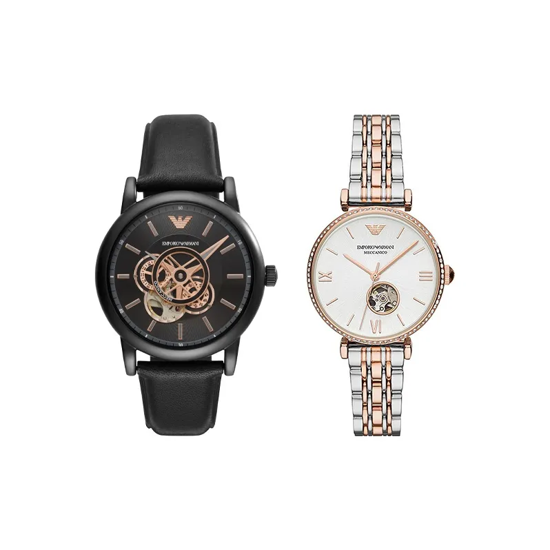 EMPORIO ARMANI Wrist Watch Automatic Mechanical Movement Leather Strap 43mm Black Dial Unisex AR60012+AR60019