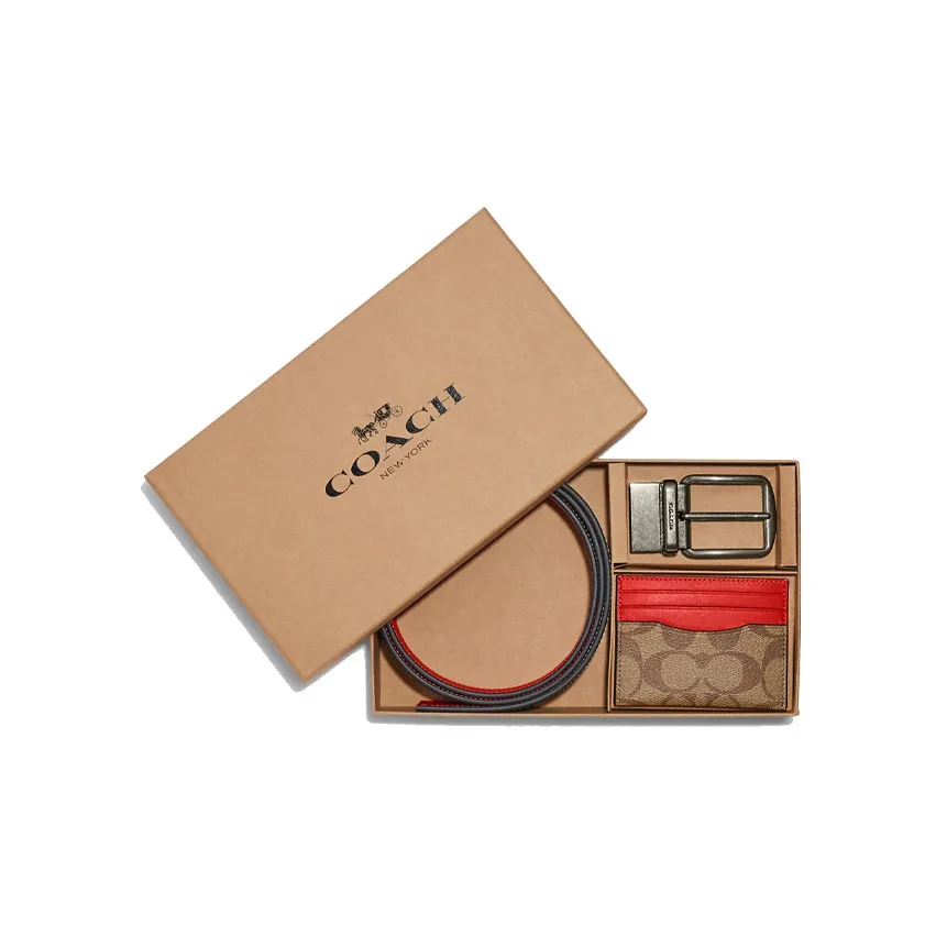 COACH Boxed Coated Canvas With Refined Calfskin Card Holder Men's Khaki, Orange, Red