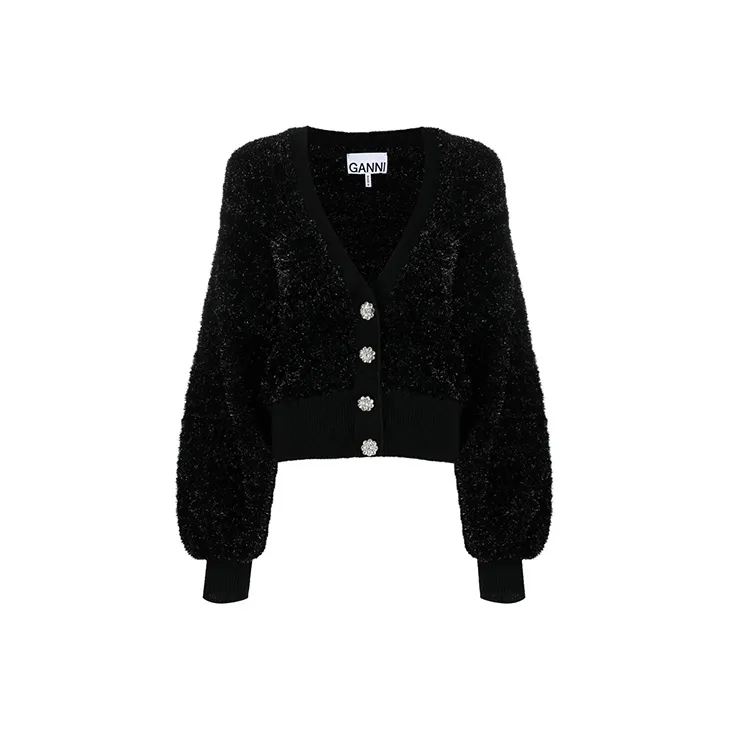 GANNI Sparkle Knit Puff Sleeve Cardigan 'Black'