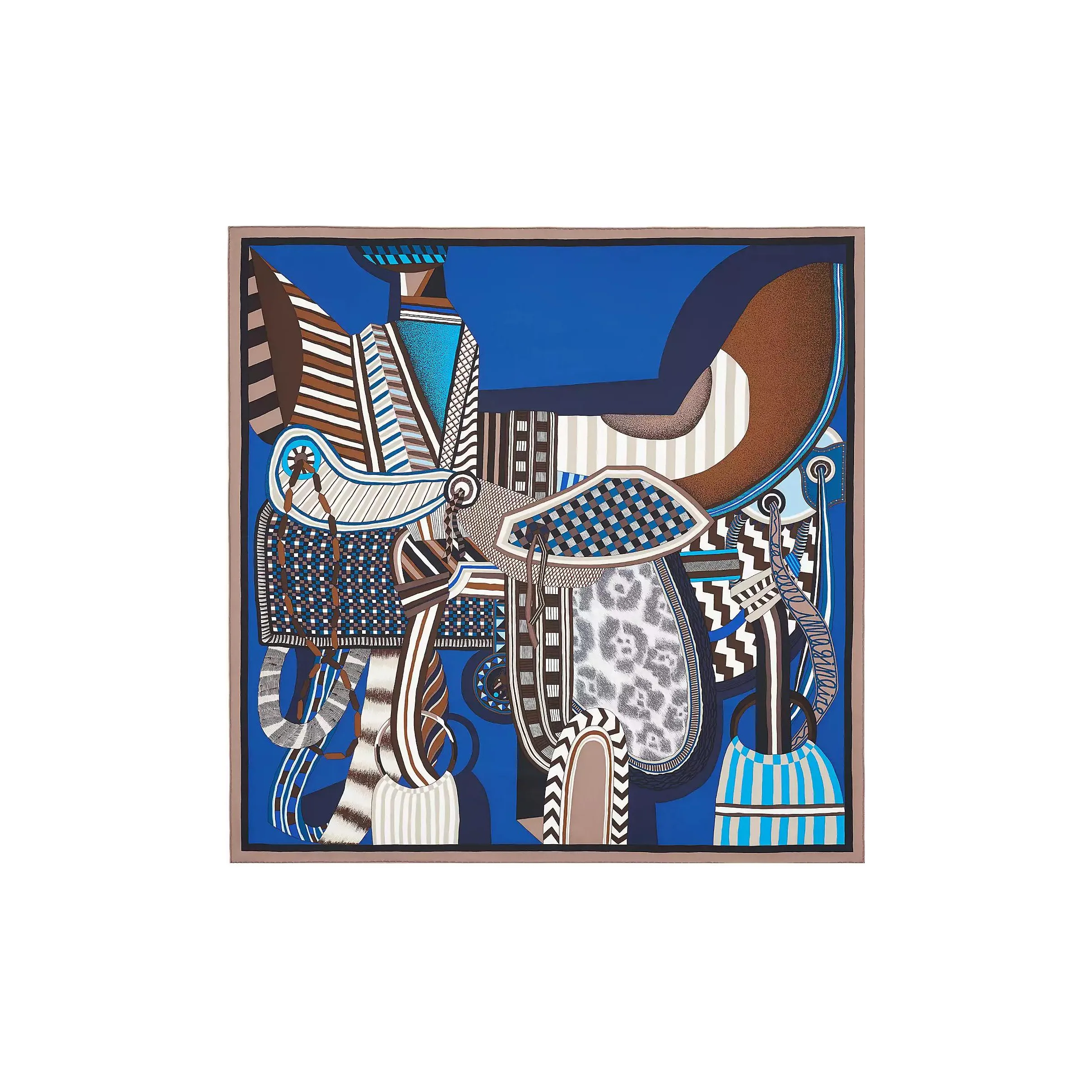 HERMES Silk Scarves Women's Ice Brown/Fresh Blue/Brown