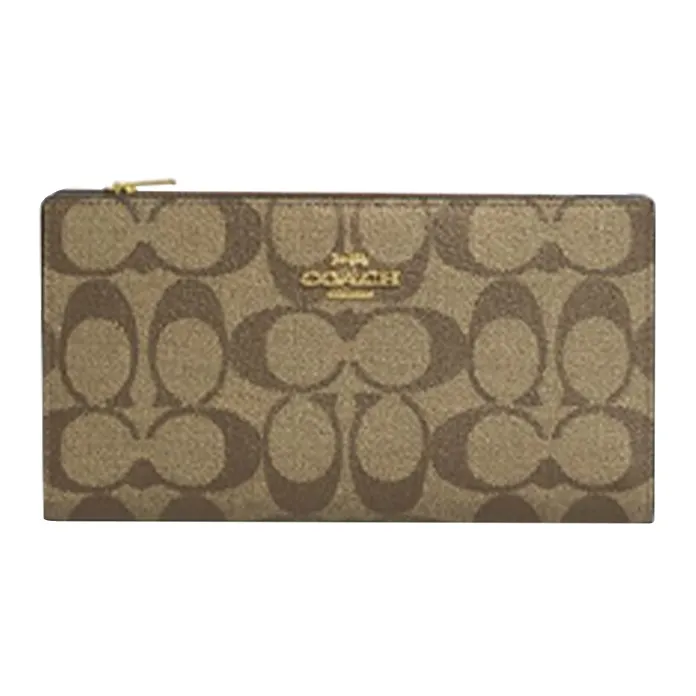 COACH Double Zip Wallet Coated Canvas With Leather Multiple Card Slots Snap Closure Clutch Wallet Unisex Khaki