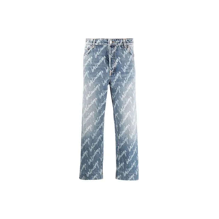 Balenciaga Women'ss All Over Logo Cropped Denim Trousers Indigo/White
