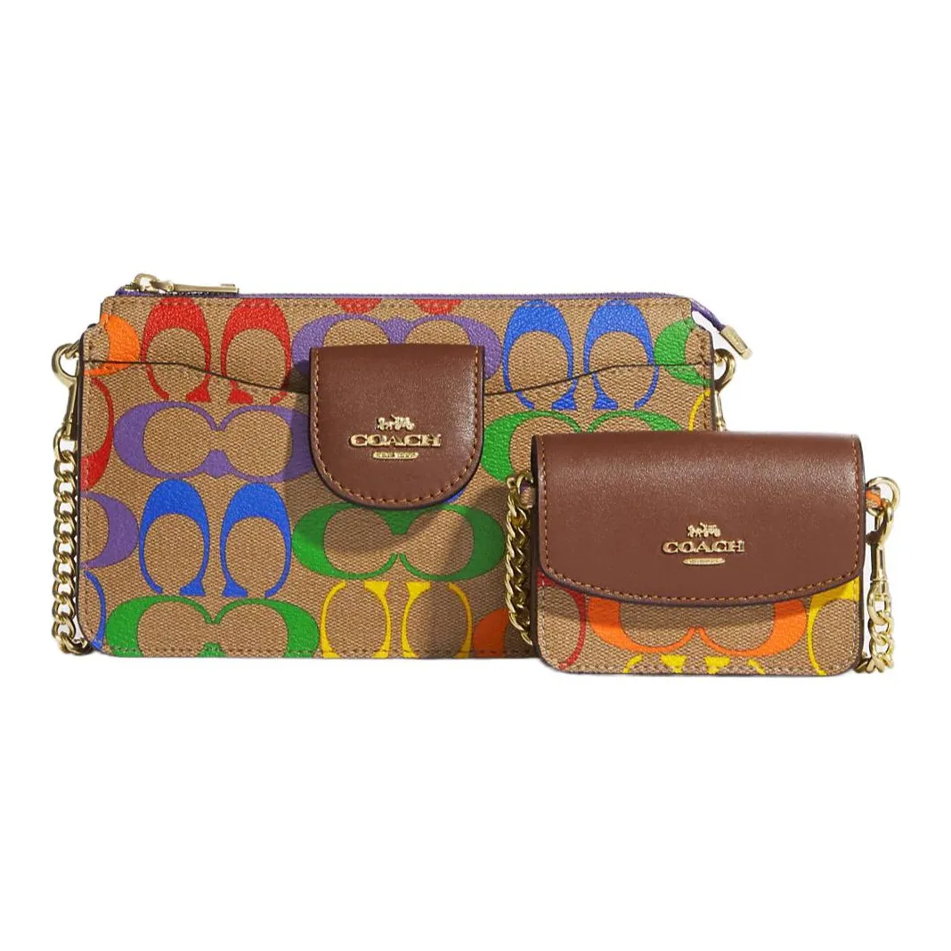 COACH POPPY Coated Canvas With Smooth Leather Small Card Holder, Crossbody Bag Trumpets Women's Brown Rainbow
