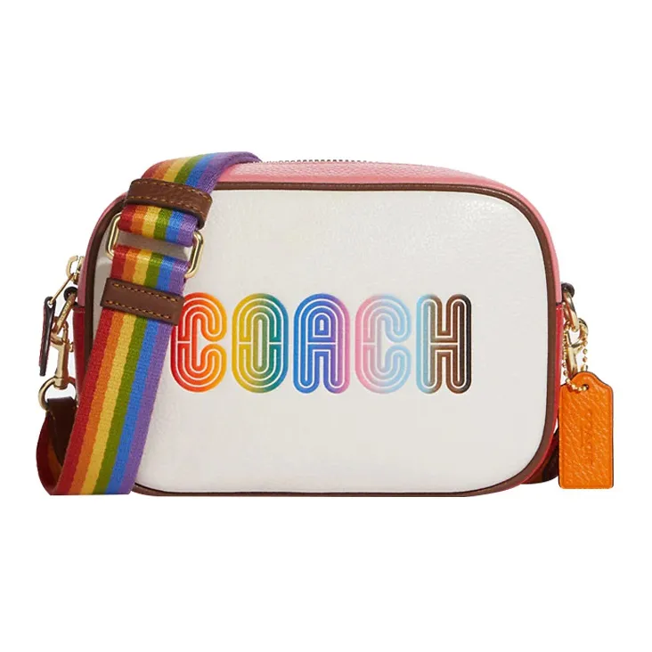 COACH Jamie Pebbled Leather Camera Bag, Shoulder Bag, Crossbody Bag Trumpets Women's White & Rainbow