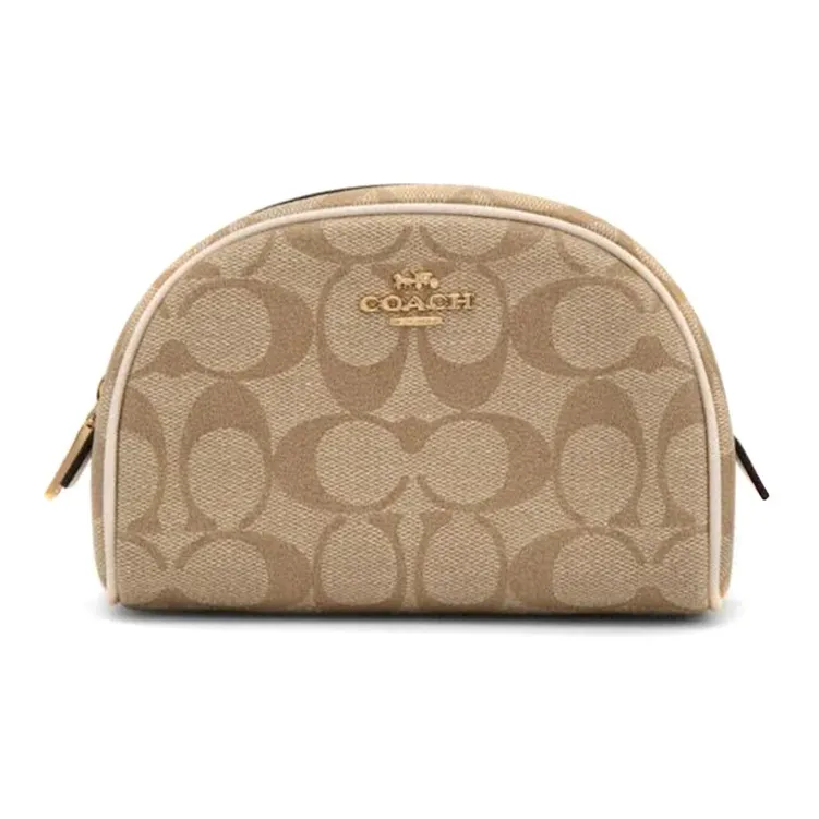 COACH Canvas With Leather Canvas Bag, Handheld Makeup Bag Trumpets Women's Khaki