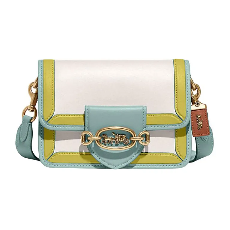 COACH Hero Cow Leather Small Square Bag Shoulder Bag, Crossbody Bag Women's White & Lake Aqua Green