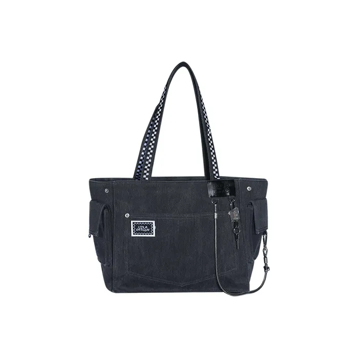 LOLA DESIGN Fabric With Denim Tote Bag, Shopping Bag, Handbag, Shoulder Bag Unisex Black/Blue