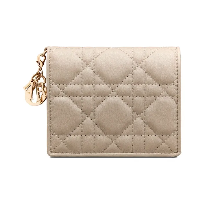 DIOR Lady Dior Sheepskin Wallet, Card Holder Mini Women's Natural Khaki