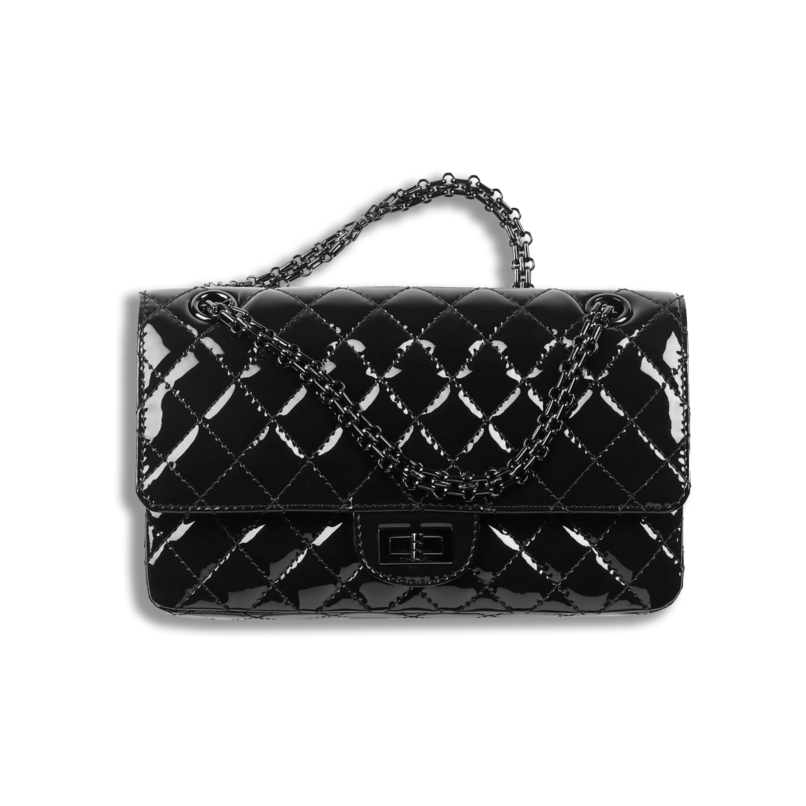 CHANEL 2.55 Calf Patent Leather & Metal Shoulder Bag, Crossbody Bag Women's Black