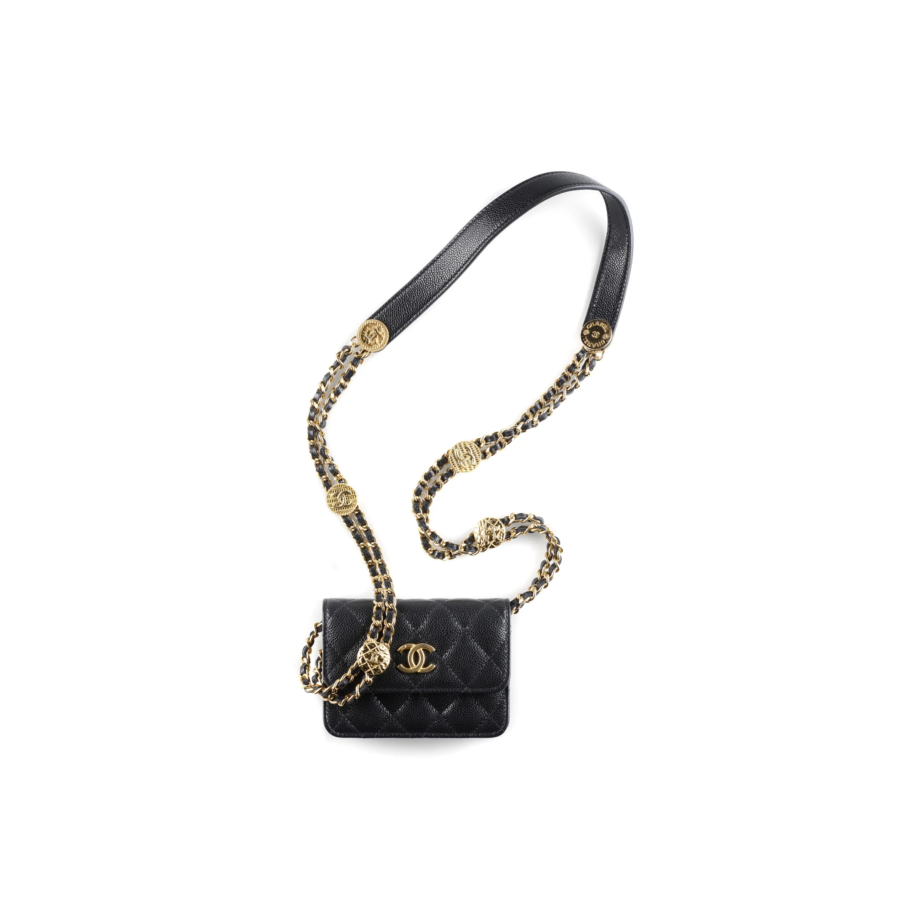 CHANEL Grain Embossed Shiny Calfskin Coin Purse, Handheld Bag, Shoulder Bag, Crossbody Bag Mini Women's Black