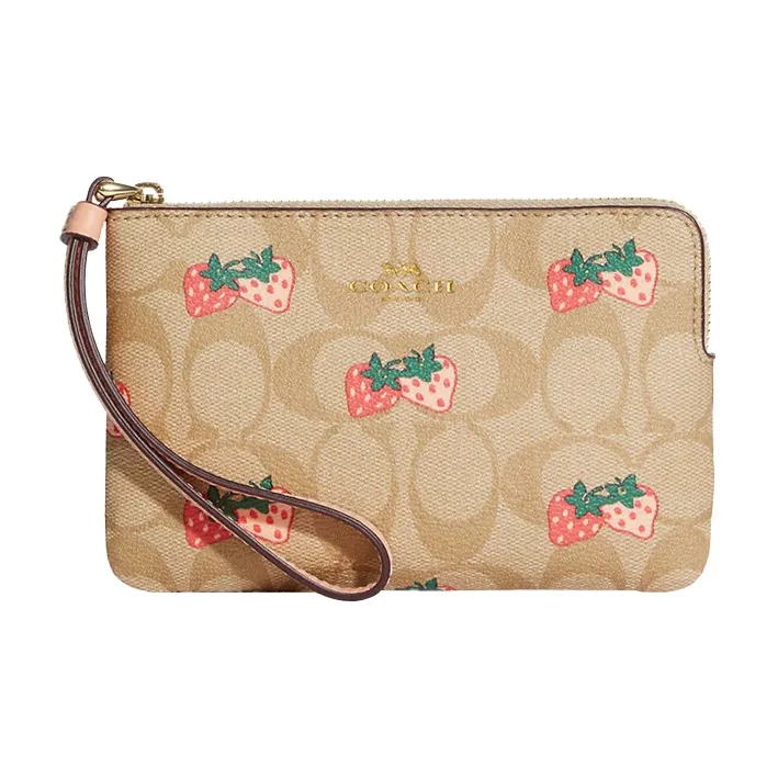 COACH Corner Zip Coated Canvas With Leather Coin Purse Wrist Bag Small Size Women's Light Khaki