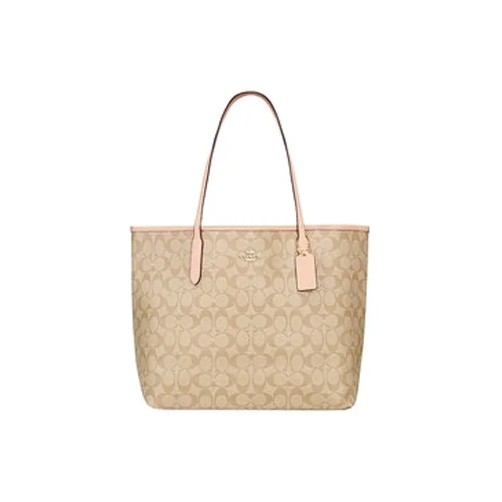 COACH City Print With Smooth Leather Tote Bag Shopping Bag Handbag Shoulder Bag Large Size Women's Khaki