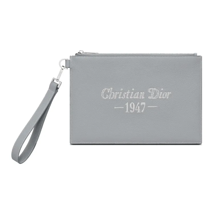 DIOR Grained Calfskin Coin Purse Wallet Portable Storage Bag Clutch Men's Gray