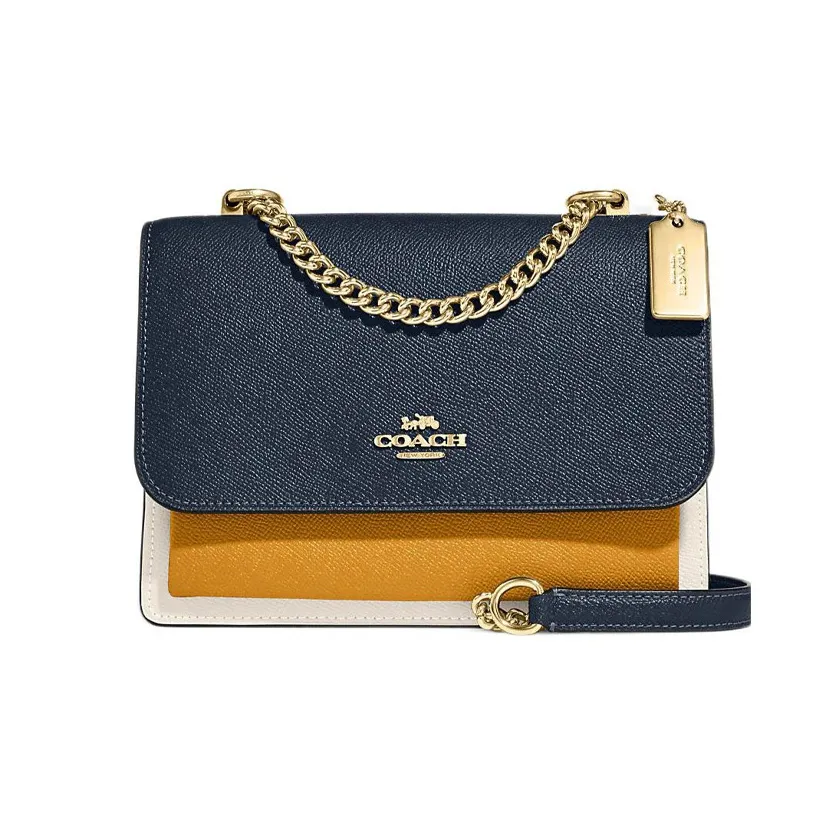 COACH Klare Leather Trunk Bag, Shoulder Bag, Crossbody Bag Small Size Women's Navy Blue & Yellow