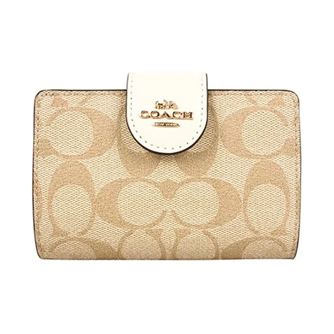 COACH Corner Zip Cow Leather Wallet Women's Light Brown Monogram & White
