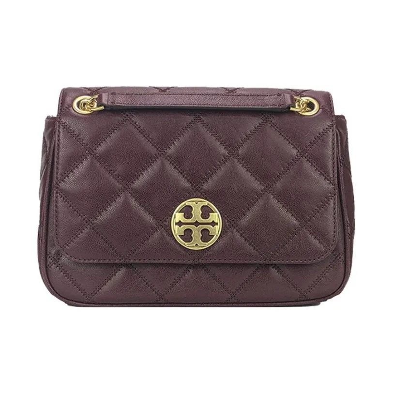 TORY BURCH Caviar Leather Messenger Bag, Shoulder Bag Women's Burgundy